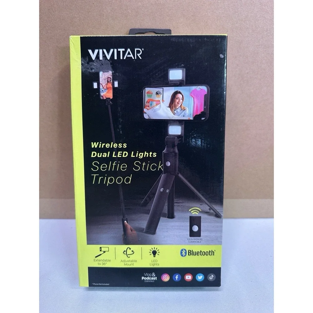 Vivitar Wireless Dual LED Lights Selfie Stick Tripod Bluetooth Remote Black